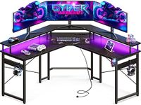 ODK L Shaped Gaming Desk with LED Lights & Power Outlets, 51" Computer Desk with Full Monitor Stand, Corner Desk with Cup Holder, Gaming Table with Hooks, Black