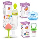 Toddley Silicone Food & Fruit Nibbler Pacifier 1 Pcs with 1 pcs Spoon Feeder and 1pcs Fruit Teether, 1pcs Finger Brush for Infant Baby for 6+ Month Baby (4 Piece Combo Set) (Green)