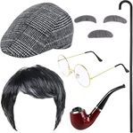 NIU MANG 6Pcs/Set 1920's Mens Cosplay Set Grandpa Costume Old Man Costume Cosplay with Cane Wig Glasses Chain Cords Fake Moustache Grandpa Accessories Set with Hat