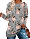 ELF QUEEN Women's Color Block Solid Color Round Neck Tunic Tops Casual Shirts Light Weight Sweatshirt-Grey Peony-L