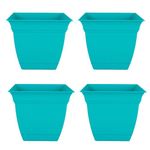 The HC Companies 6 Inch Eclipse Square Planter with Saucer – Indoor Outdoor Plant Pot for Flowers Vegetables Herbs, Teal (Pack of 4)