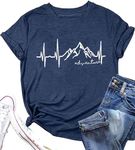 Women Graphic Tees Mountain Adventure Shirts Heartbeat Hiking Camping Letter Print Tshirts Casual Short Sleeve Tee Tops-Navy Blue L