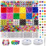 DIYDEC 930Pcs Pony Beads for Bracelet Making Kit, Fruit Flower Polymer Clay Beads Rainbow Colour Barrel Beads Letter Alphabet Beads for DIY Arts Earring, Jewelry and Crafts Making