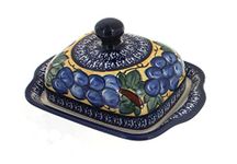 Blue Rose Polish Pottery Grapes Square Butter Dish with Cobalt Trim