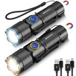 Sogdeco LED Torch Rechargeable, 2 Pack Super Bright Adjustable Focus Flashlight, 4 Lighting Modes, 26 Hours Long Runtime, Magnetic Waterproof Pocket Size Torch for Power Cuts,Emergency,Walking,Camping