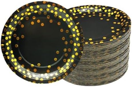 CEILIWEN Assiettes en Papier Dorées, Assiettes de Fête Noires et Dorées Paquet de 100, 7''/18cm Assiettes de Fête Noires, Assiettes en Papier à Pois Noirs Et Dorés, Assiettes en Papier