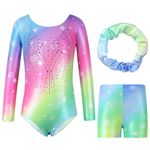 Hovershoes Gymnastics Leotards for Girls Kids Long Sleeve/Sleeveless Sparkle Gymnastics Outfit with Dance Shorts & Hairband Set Athletic Bodysuit Ballet Dancing Leotard