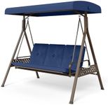 MFSTUDIO 3 Person Patio Swing with Adjustable Canopy, 2 in 1 Convertible Patio Porch Swing Swing with Locking Mechanism and 2 Side Iron Trays, 3-Seat Outdoor Swing Bed with Cushions, Navy Blue