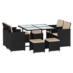 SONGMICS Garden Furniture Set Dining Table and Chairs, Set of 9 PE Rattan Outdoor Patio Furniture, Dining Furniture, Glass Top Coffee Table, with Cushions, Space-Saving, Black and Beige GGF091B02