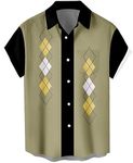 Men's Vintage Bowling Shirt 1950s Retro Short Sleeve Button Down Shirts, Retro Geometric, Large