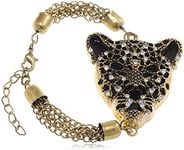 Alilang Gold Toned Cheetah Head Bold Black Enamel Rhinestone Chain Fashion Bracelet for Women