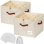 2Pack Shoe Cabinet Storage Box with 32 Shoe Bags,Adjuistable Shoes Cabinet Organiser,Large Foldable Shoe Boxes with Clear Cover for Closet Storage with Leather Handles, Fits 8-16 Pairs,Beige