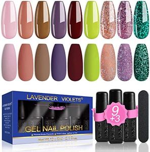 Lavender Violets 13 Pcs Gel Nail Polish Kit with 9 Colors Coat, 3 Bottles of Base Top Matt Top Coat and Nail File for Soak-off UV LED Gel Nail Art Design C672