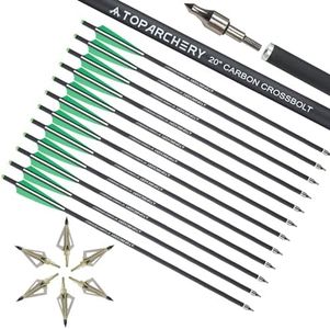 TOPARCHERY 20 Inch Carbon Crossbow Bolts 12 Pack and 6 Pack Crossbow Broadheads Set - Premium Crossbow Arrows with 4 Inch Vanes and Removable Field Tips for Hunting and Outdoor Practice