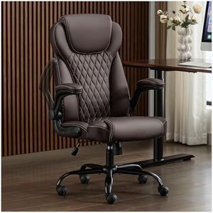 amseatec, Office Chair, Executive Leather Chair Home Office Desk Chairs, Ergonomic Computer Desk Chair with Adjustable Flip-Up Arms, Lumbar Support Swivel Task Chair with Rocking Function (Brown)