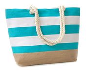 Leisureland Tote Bag, Travel Tote Bag, Water Resistant Beach Bag, Burlap Bottom Stripe Blue, L20"xH15"xW6"