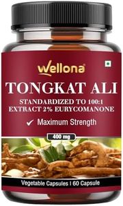 Wellona Tongkat Ali Supplement Root Extract 400mg Capsules, 2% Eurycomanone Herbal Supplement for Men | Standardized to 100:1 | Maximum Strength (60 Veg Capsules) (Pack of 1)