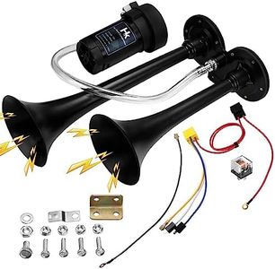 150db Super Loud Dual Trumpet Air Horn Kit with Compressor for Vehicles, Trucks, Trains, Boats - 12V, Black