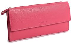 SADDLER Womens Luxurious Real Leather Trifold RFID Wallet Purse Clutch with Zippered Coin Pockets | Designer Ladies Multi Zipper Credit Card Holders | Gift Boxed - Fuchsia