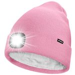 ATNKE LED Lighted Beanie Hat,USB Rechargeable 4 LED Running Headlamp Ultra Bright Cap with Light Hands Free Head Torch Winter Warm Lined Fleece Knit Beany Gifts for Men and Women/Pink