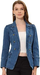 Allegra K Women's Jean Jacket Lapel Long Sleeve Work Denim Blazer with Pockets, Denim Blue, XL