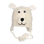 Hand Knitted Woolly Hat | Polar Bear | Fun Wool Knit Fleece Lined Animal Hat for Men and Women | One Size Fits All | Wooly Winter Cap with Ear Warmers and Tassels White