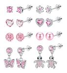 YADOCA 8 Pairs Hypoallergenic Stud Earrings for Women Girls Kids Surgical Steel Cubic Zirconia Screw Back Earring Heart Pearl Rainbow Flower Butterfly Dangle Earrings Set, Pink