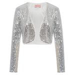 Belle Poque Women Club Evening Party Top Long Sleeve Sequins Cropped Shrug Jacket Silver(570-2) M