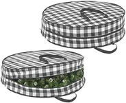 mDesign Round 30" Wreath Storage Container with Handles, Fabric Christmas Wreath Storage Bag, Protector, Garland Storage Bag Container, Holiday Decoration Organizer - 2 Pack, Buffalo Plaid Black/White