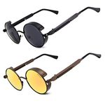 RONSOU Steampunk Style Round Vintage Polarized Sunglasses Retro Eyewear UV400 Protection Matel Frame Gray & Gold Lens