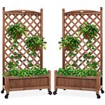 Best Choice Products Set of 2 48in Wood Planter Box & Diamond Lattice Trellis, Mobile Outdoor Raised Garden Bed for Climbing Plants w/Drainage Holes, Optional Wheels - Walnut