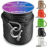 Premium Anchor Rope 100 ft x 3/8 inch, Solid Braid MFP Anchor Line Boat Rope Marine Rope,Boat Anchor Rope with Thimble & Shackle - Black