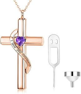 SOULMEET Custom 10k 14k 18k Rose Gold Cross Necklace for Ashes, Birthstone February Cross Urn Necklace for Ashes Keepsake Cremation Jewelry for Pet Human Ashes