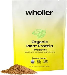 wholier Organic Plant Protein + Prebiotics. Clean Vegan Protein. 21g of Protein. 14 Real Plant Ingredients. Prebiotic Fiber. No Natural Flavors, Gums or Fillers. Creamy Cacao (1 lb. 4 oz.)
