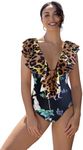 Sporlike Women One Piece Swimsuit V-Neck Ruffle Bathing Suit Padded Monokini(Leopard 2,Large)