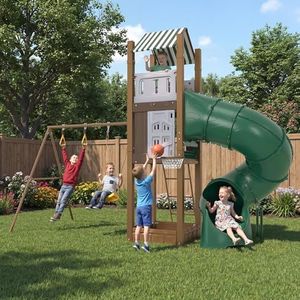 Swing Sets for Backyard with Turbo Tube Slide for Kids 3-8+ All in 1 Kids Outdoor Play Playhouse Equipment with Swings, Climbing Ladder, Sandbox, Basketball Hoop, Outdoor Large Playset for Toddlers