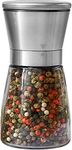 we3 Stainless Steel Salt and Pepper Grinders refillable Set - Short Glass Shakers with Adjustable Coarseness for sea salt, black peppercorn, or spices - Salt and Pepper Mill set