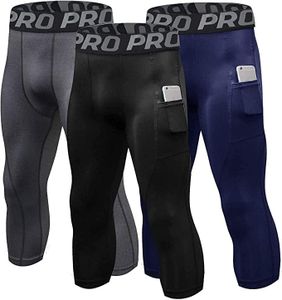 Lanbaosi Compression Pants for Men 3/4 Capri Leggings Dry Fit Workout Running Athletic Gym Tights Bottom 3 Pack with Pockets