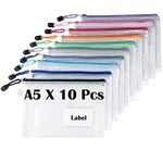 A5 Plastic Wallets Mesh Zipper Pouch with Label Pocket (Pack of 10), TRANBO Zip Lock Document Folder File Storage Bags for Office, School, Travel - Assorted Colours