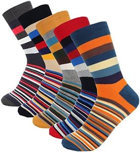 HOYOLS Men's Dress Casual Colorful Stripe Cotton Socks Patterned Business Long Socks (5 Packs), Striped Pattern, Shoe Size: 6-10