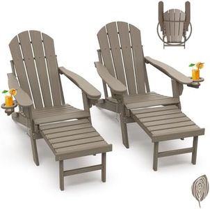 GREENVINES Adirondack-Chairs-with-Ottoman | Set of 2 | Wood Grain | Folding | Retractable-Footrest | HDPE Plastic | All Weather Fire Pit Chair | Cup Holders | for Outdoor Poolside