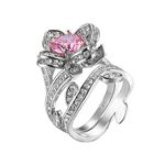 ANAZOZ Wedding Rings for Womens White Gold Plated,Engagement Rings Women Pink,Flower with Leaves Crystal Pink Cubic Zirconia Ring Size N 1/2