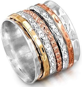 Boho-Magic Spinner Ring for Women 925 Sterling Silver with Copper and Brass Fidget Bands Wide