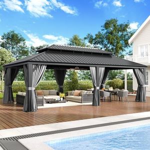 Aoxun Hardtop Gazebo 14x24 with Gutter, Upgraded Wider Aluminum Outdoor Gazebo with Galvanized Steel Double Roof, Patio Permanent Metal Pavilion with Netting and Privacy Curtain