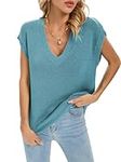 Famulily V Neck Knitted Vest Tops for Women Deep V Neck Sweater Tops Solid Cap Sleeve T Shirt for Summer Green XL