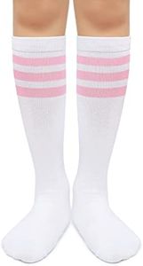 Henwarry Kids Toddler Soccer Socks Classical Stripes Cotton Soft Over the Calf Tube Socks for Boys Girls (A10-Pink/White)