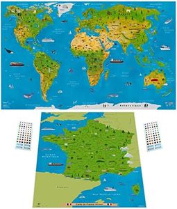 WIDETA Carte du monde illustrée en français/Poster grand format (82 x 44 cm), Papier couché et laminé, extra épais 300 g/m²/ Inclus grande carte de France et autocollants