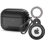 Airpod Pro 2 Case Airtags Holder Combo Rugged Airtag Airpod Pros Case Cover Carbon Fiber Protective Case with Air Tag Keychain Birthday for Men Women [ Matte Black,Front LED Visible]