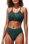 CUPSHE Women's Leaves Print Lace Bikini Set, Green, XS