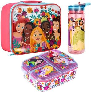 Zawadi Global Disney Princess - Juego de lonchera para niños, bolsa de almuerzo aislada, lonchera multicompartimento y botella de agua de 580 ml, juego de almuerzo para viajes escolares, sin BPA
